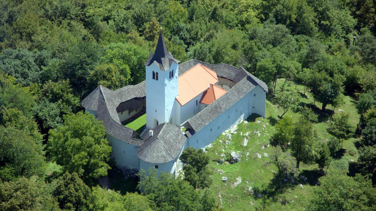 Panoramska slika gradu Cerovo.  Grad je obdan z gozdom. 