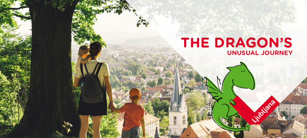 A woman with two children on a hill. City view.