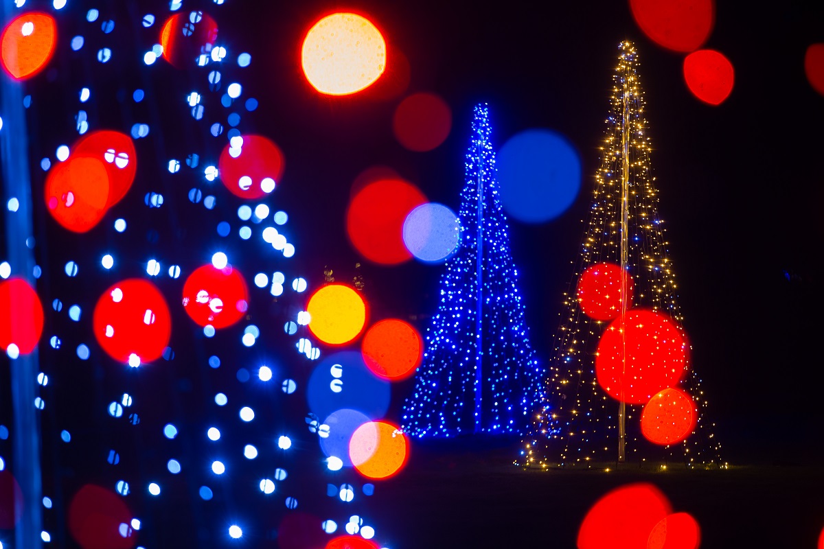 Red and blue christmas lights on Christmas tree installations.