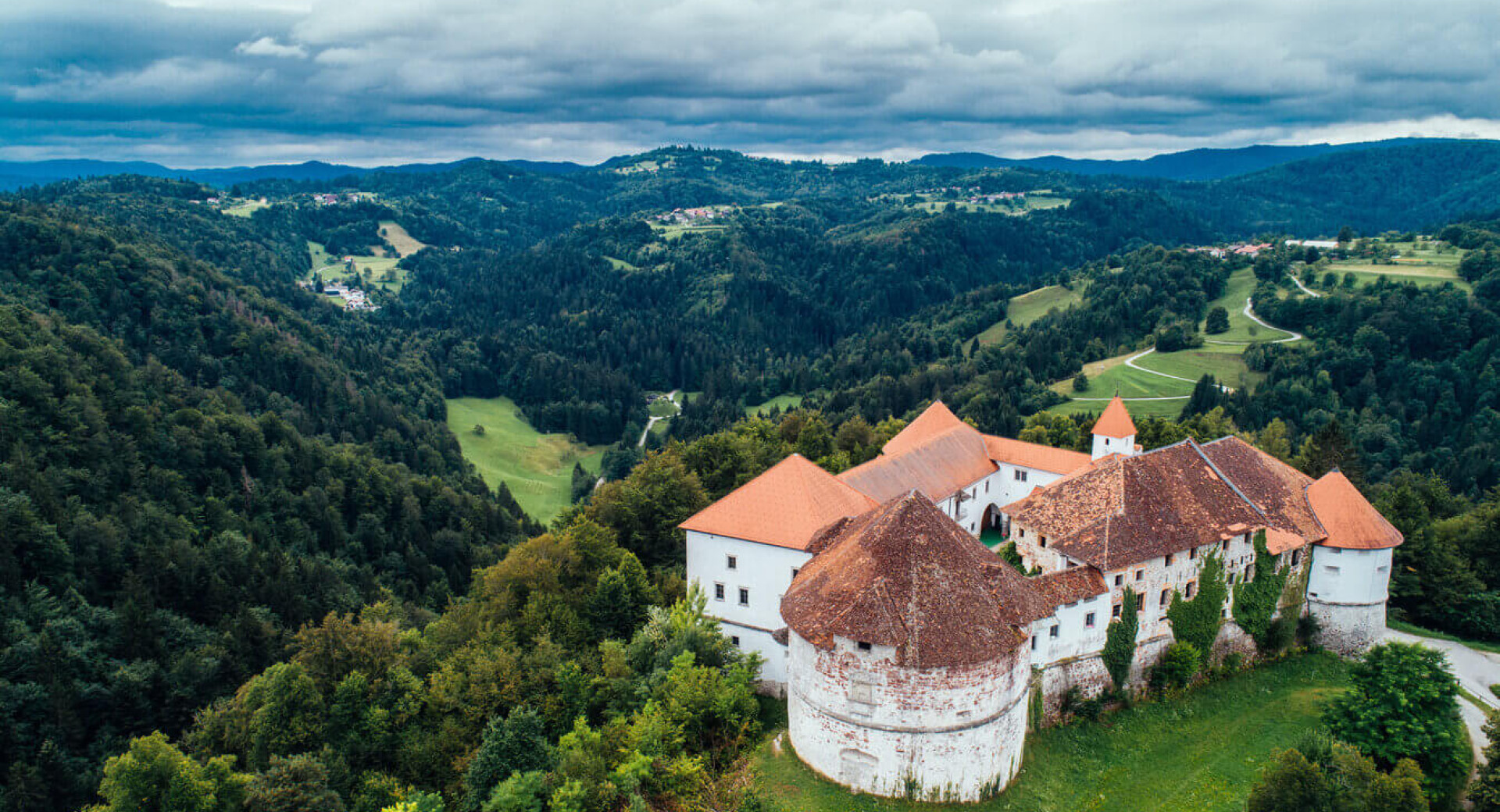 Aerial image of a castle on the hill. 