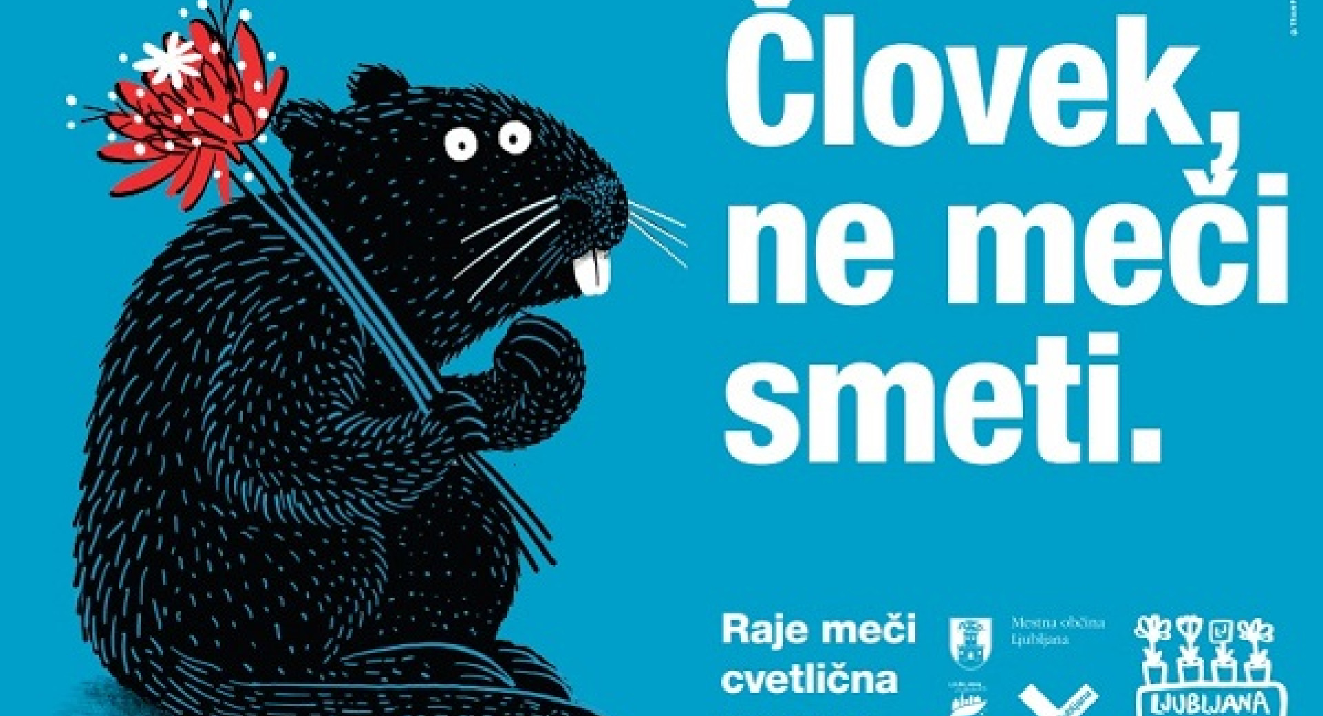 Grafika nutrije, ki v rokah drzi cvetje.