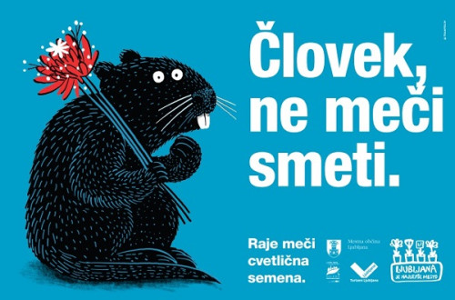 Grafika nutrije, ki v rokah drzi cvetje.