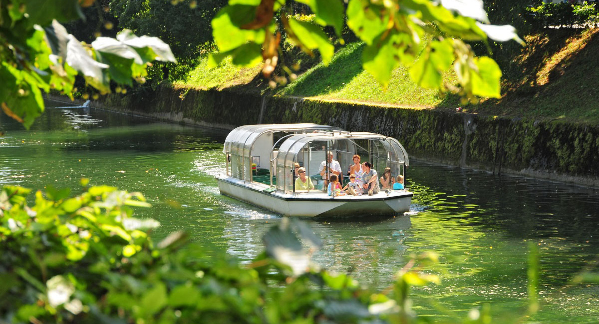A tourist boat with passengers on the Ljubljanica River. In the foreground, tree leaves.