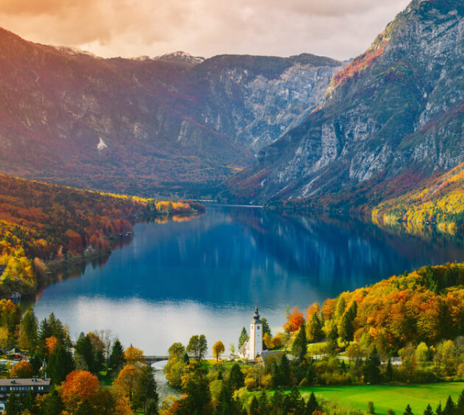 Bohinj lake in the colors of fall.