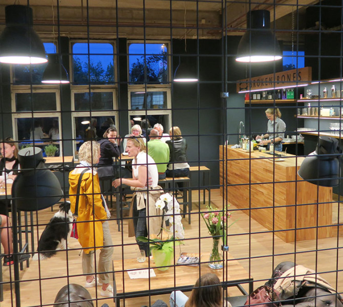 Interior of the distillery with visitors.