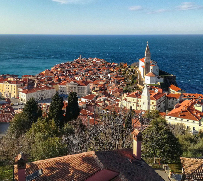 Panoramic view of Piran with trees in the foreground and the Adriatic Sea in the background.