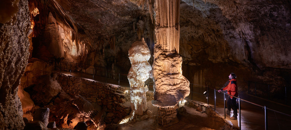 Notranjost Postojnske jame z obiskovalci na mostu. V ospredju osvetljena stalagmita.