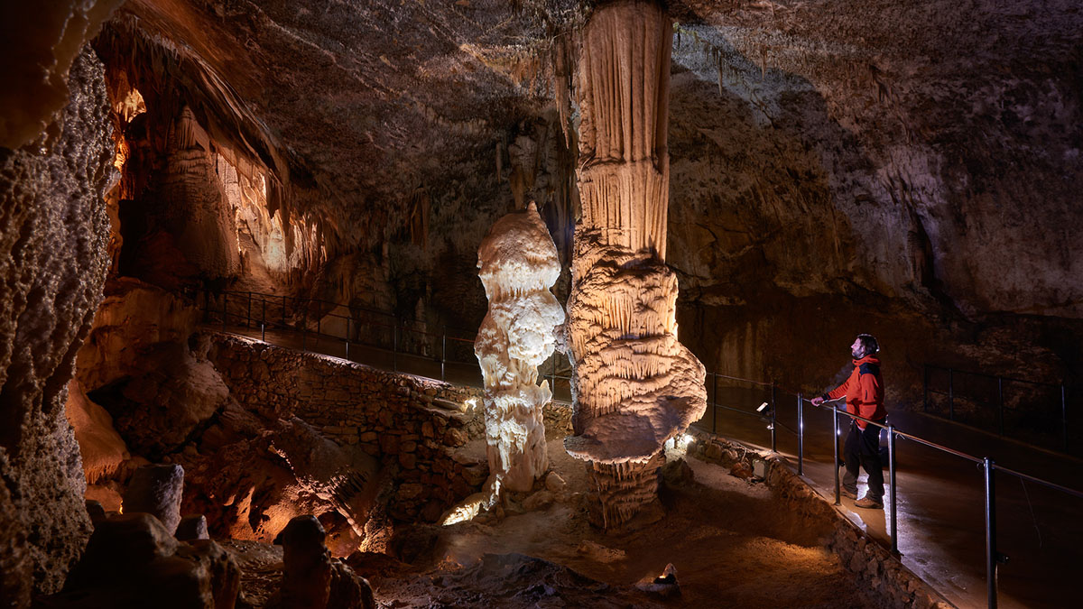 Notranjost Postojnske jame z obiskovalci na mostu. V ospredju osvetljena stalagmita.