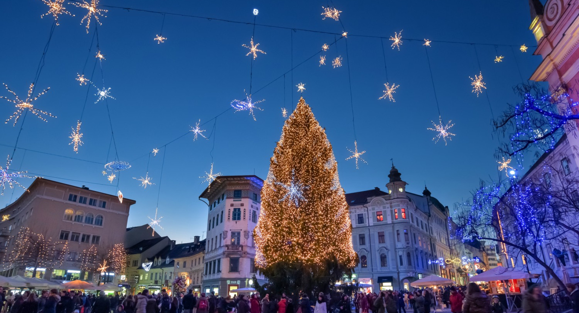 Praznično okrašena Ljubljana. Prižig lučk v Ljubljani.