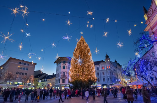 Praznično okrašena Ljubljana. Prižig lučk v Ljubljani.