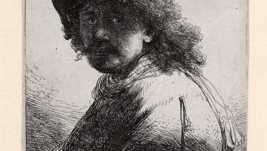 A black-and-white illustrated image of an older man with long hair.