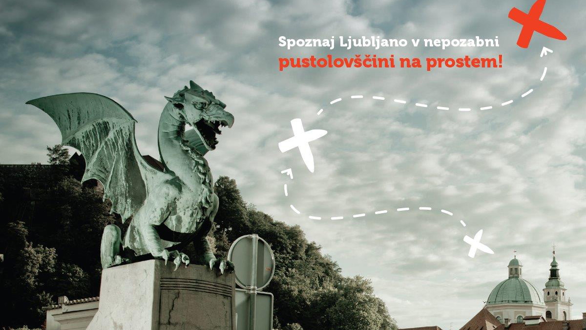 Plakat za Unlock Ljubljana. Na njem kip zmaja s stolno cerkvijo v ozadju.