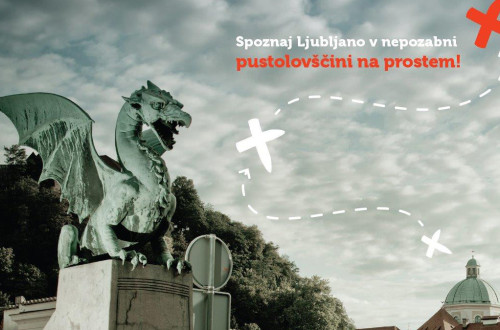 Plakat za Unlock Ljubljana. Na njem kip zmaja s stolno cerkvijo v ozadju. 