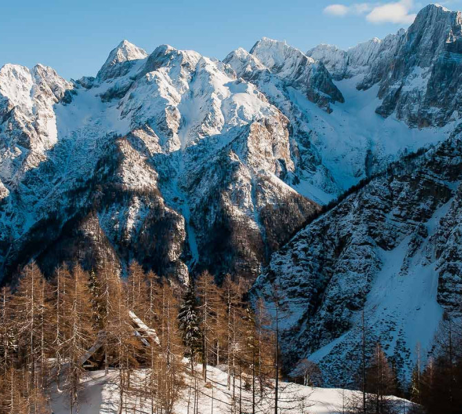 A view of the snowy Julian Alps from the Vršič Pass.