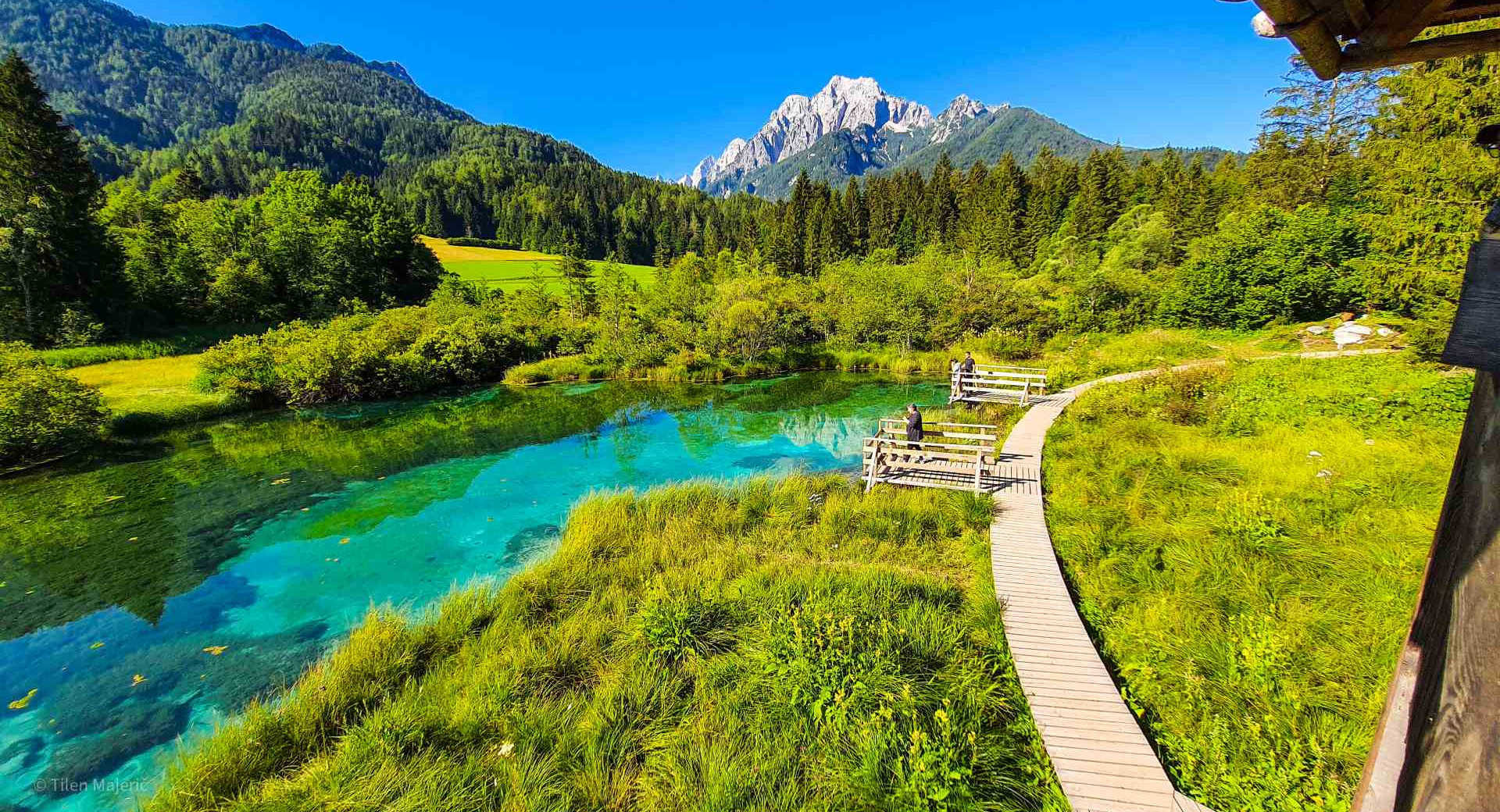 Emerald water in the nature and mountains in a distance.