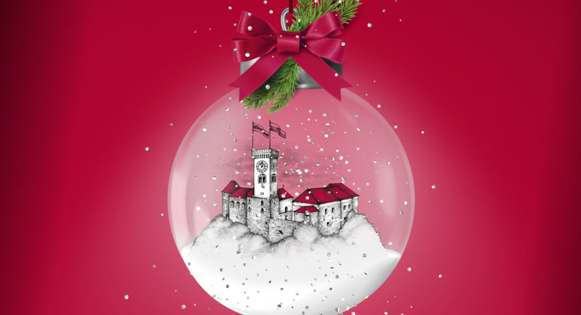 Illustration of a snow globe, inside which is an illustration of the castle, decorated with a red ribbon.