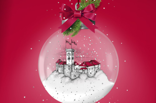 Illustration of a snow globe, inside which is an illustration of the castle, decorated with a red ribbon.