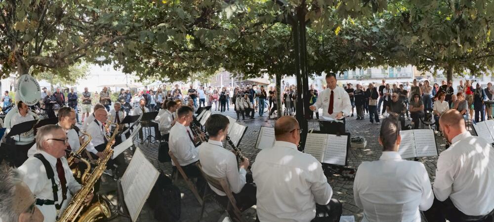A wind band performs beneath leafy trees in a town square, entertaining a gathered crowd of spectators.