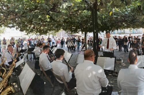 Pihalni orkester pod krosnjami dreves na mestnem trgu nastopa pred zbrano mnozico poslusalcev.