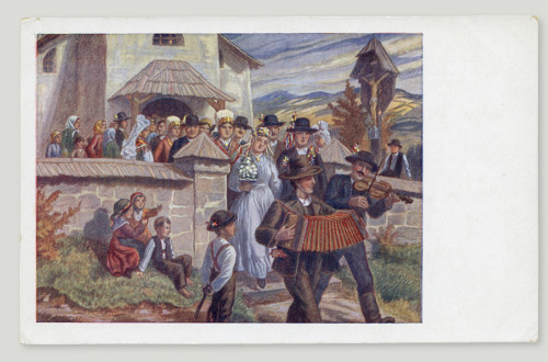 Drawing on a postcard showing the entrance to a church and its wall, from which a newlywed couple emerges with their procession; in front of them walk an accordionist and a violinist, while children play in the meadow nearby.
