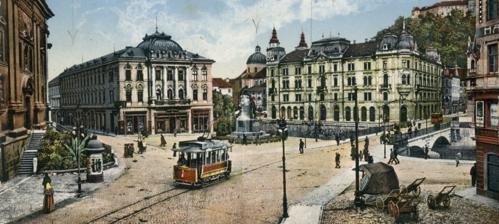 Slika Presernovega trga v Ljubljani iz priblizno leta 1910.