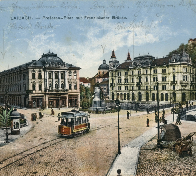 Slika Presernovega trga v Ljubljani iz priblizno leta 1910.