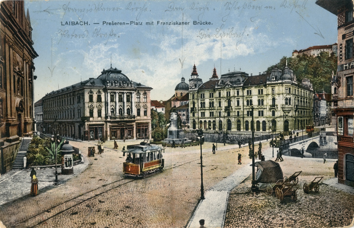 Photograph of Preseren Square in Ljubljana, circa 1910.